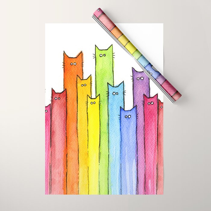 Cat Rainbow Watercolor Pattern Wrapping Paper Gallery Image 1