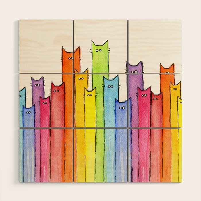 Cat Rainbow Watercolor Pattern Wood Wall Art Gallery Image 1
