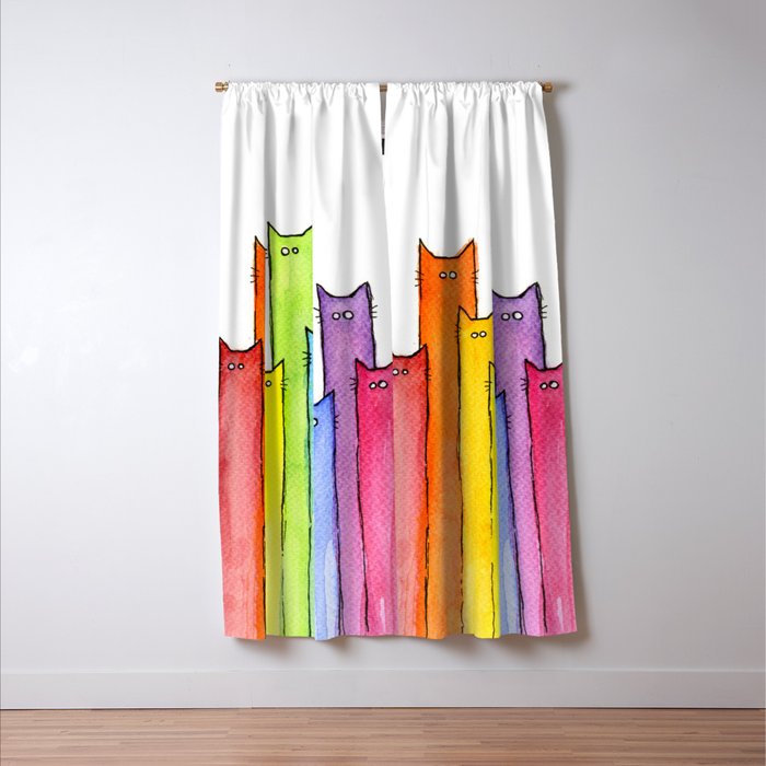 Cat Rainbow Watercolor Pattern Window Curtain Gallery Image 3
