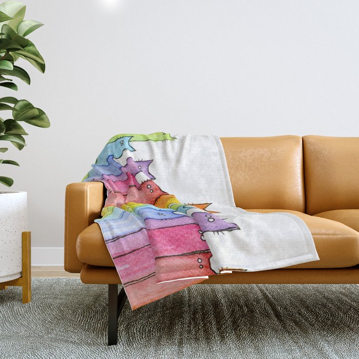 Cat Rainbow Watercolor Pattern Throw Blanket Gallery Image 1