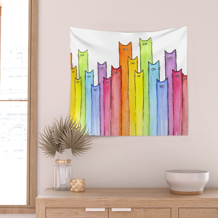 Cat Rainbow Watercolor Pattern Wall Tapestry Gallery Image 2