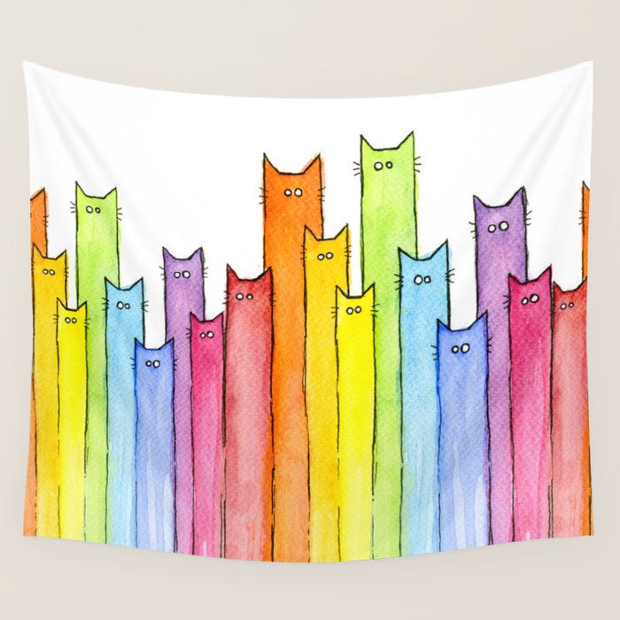 Cat Rainbow Watercolor Pattern Wall Tapestry Gallery Image 1