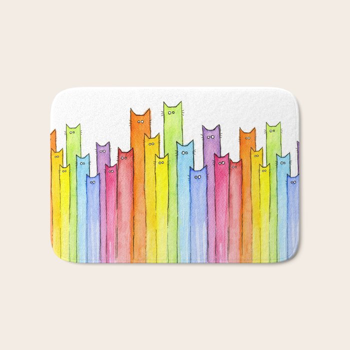 Cat Rainbow Watercolor Pattern Bath Mat Gallery Image 1