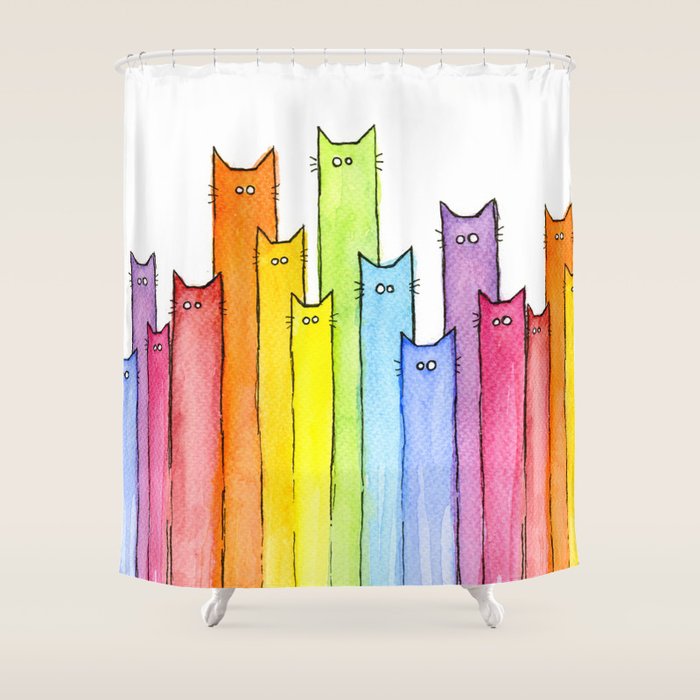Cat Rainbow Watercolor Pattern Shower Curtain Gallery Image 1