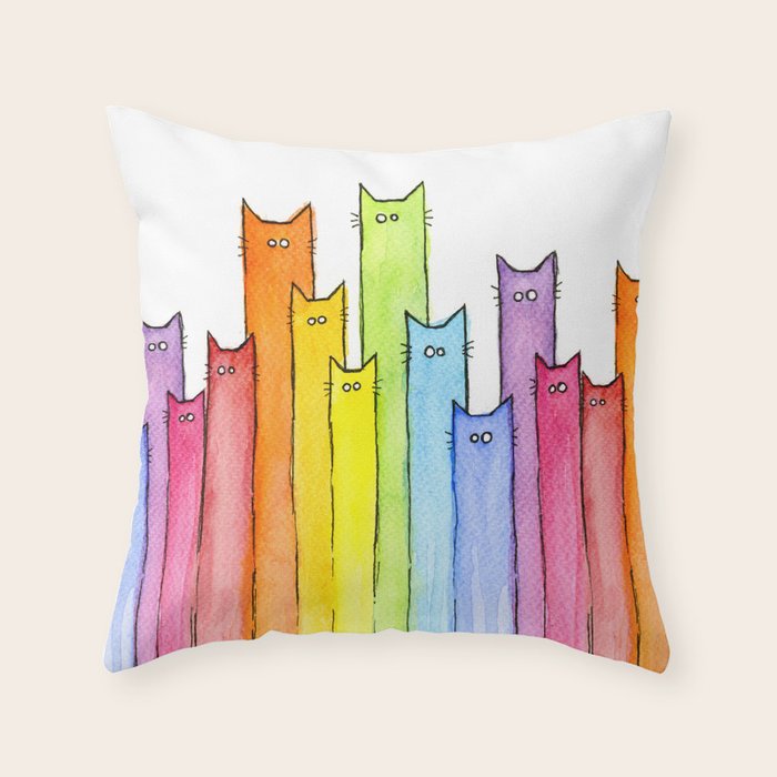 Cat Rainbow Watercolor Pattern Throw Pillow Gallery Image 6