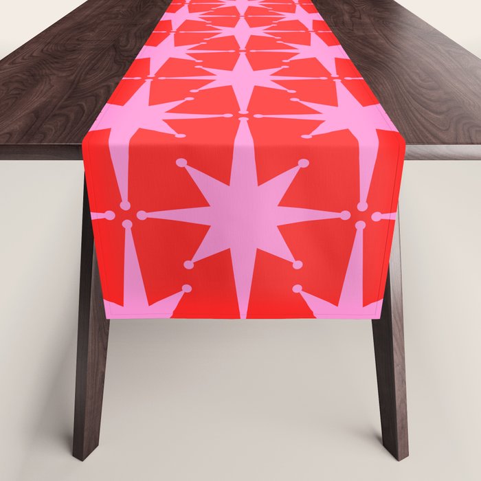 Retro Christmas Atomic Stars Mid Century Modern Pattern in Preppy Pink and Red Table Runner Gallery Image 1