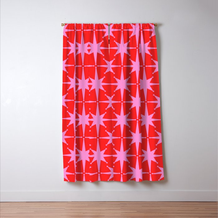 Retro Christmas Atomic Stars Mid Century Modern Pattern in Preppy Pink and Red Window Curtain Gallery Image 3
