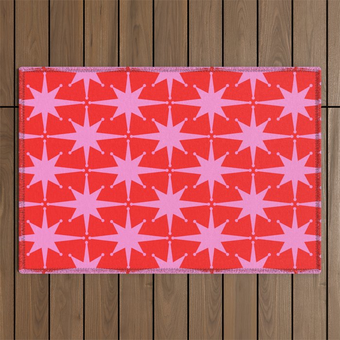 Retro Christmas Atomic Stars Mid Century Modern Pattern in Preppy Pink and Red Outdoor Rug Gallery Image 1