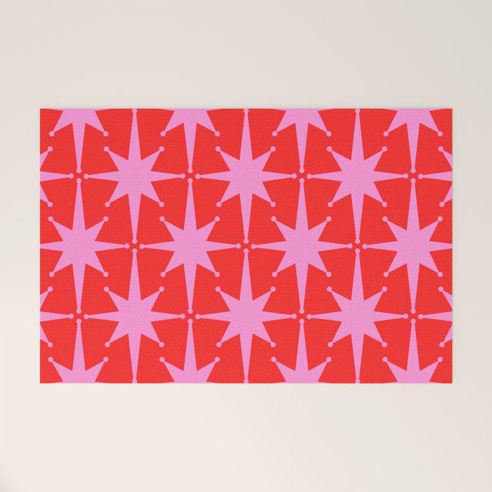 Retro Christmas Atomic Stars Mid Century Modern Pattern in Preppy Pink and Red Welcome Mat Gallery Image 1