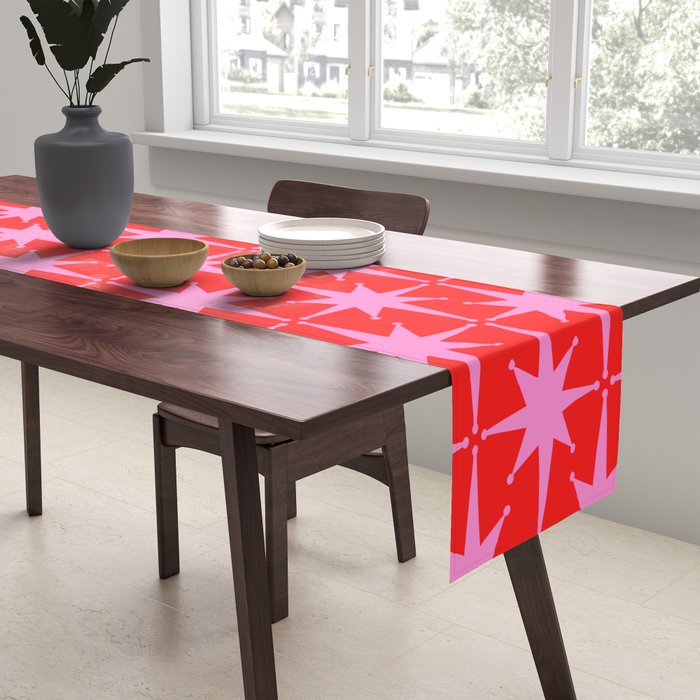 Retro Christmas Atomic Stars Mid Century Modern Pattern in Preppy Pink and Red Table Runner Gallery Image 2