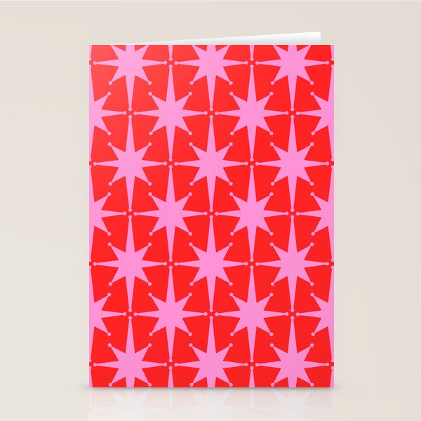 Retro Christmas Atomic Stars Mid Century Modern Pattern in Preppy Pink and Red Stationery Card Gallery Image 2
