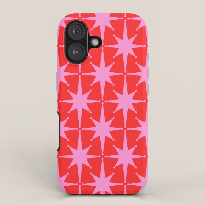 Retro Christmas Atomic Stars Mid Century Modern Pattern in Preppy Pink and Red iPhone Case Gallery Image 1