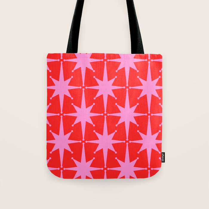 Retro Christmas Atomic Stars Mid Century Modern Pattern in Preppy Pink and Red Tote Bag Gallery Image 1