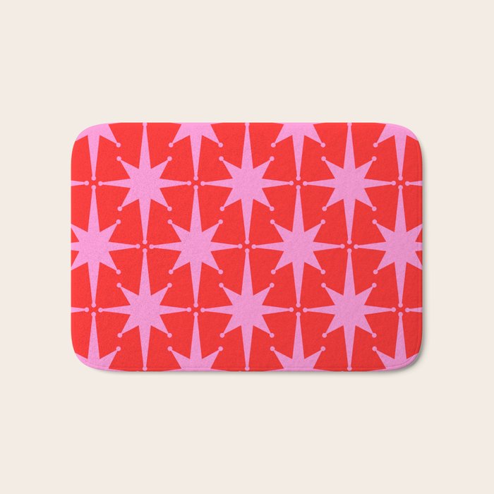 Retro Christmas Atomic Stars Mid Century Modern Pattern in Preppy Pink and Red Bath Mat Gallery Image 1