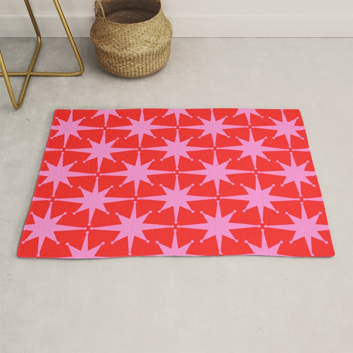 Retro Christmas Atomic Stars Mid Century Modern Pattern in Preppy Pink and Red Rug Gallery Image 1