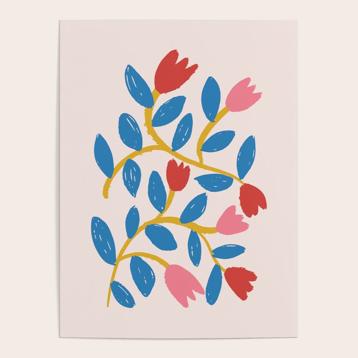 Simple Floral - Blue, Pink and Red Poster Gallery Image 1