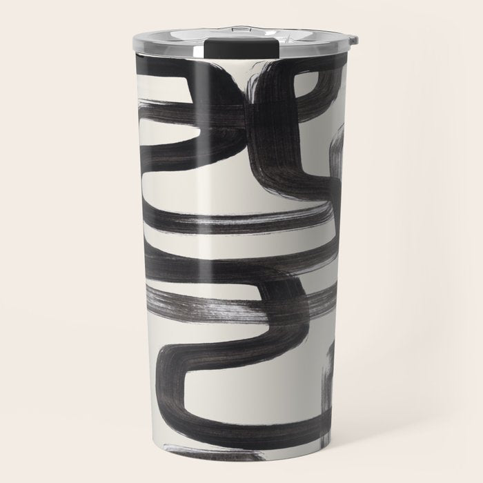 Mid Century Modern Minimalist Abstract Art Brush Strokes Black & White Ink Art Pipe Maze Travel Mug Gallery Image 1