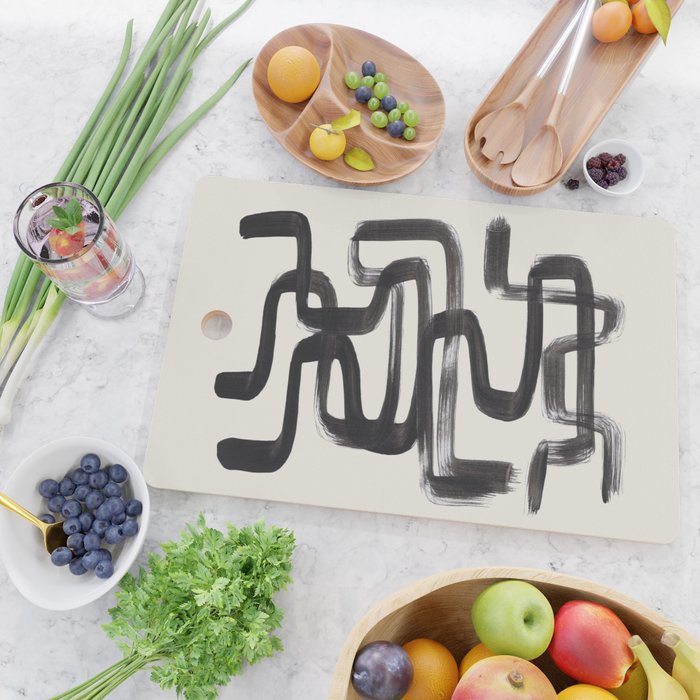 Mid Century Modern Minimalist Abstract Art Brush Strokes Black & White Ink Art Pipe Maze Cutting Board Gallery Image 2