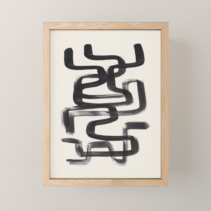 Mid Century Modern Minimalist Abstract Art Brush Strokes Black & White Ink Art Pipe Maze Mini Art Print Gallery Image 1