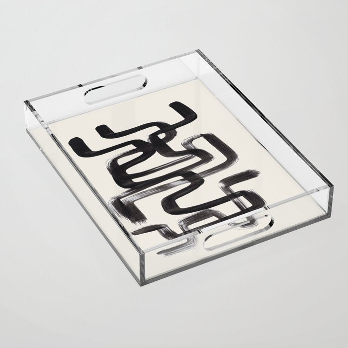 Mid Century Modern Minimalist Abstract Art Brush Strokes Black & White Ink Art Pipe Maze Acrylic Tray Gallery Image 1