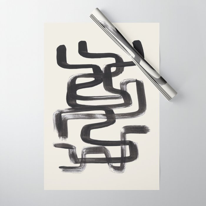 Mid Century Modern Minimalist Abstract Art Brush Strokes Black & White Ink Art Pipe Maze Wrapping Paper Gallery Image 1