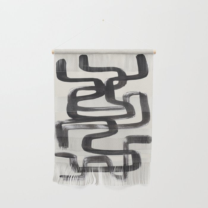 Mid Century Modern Minimalist Abstract Art Brush Strokes Black & White Ink Art Pipe Maze Wall Hanging Gallery Image 1