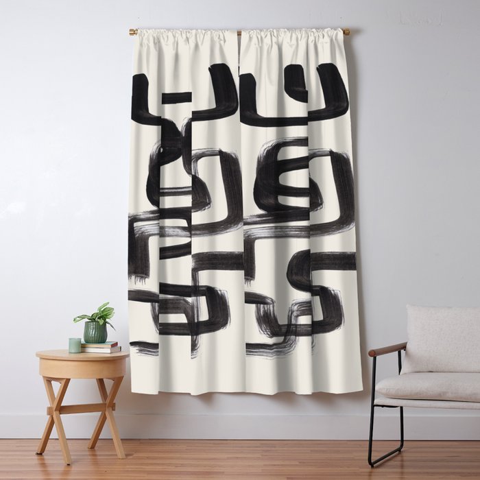 Mid Century Modern Minimalist Abstract Art Brush Strokes Black & White Ink Art Pipe Maze Window Curtain Gallery Image 5