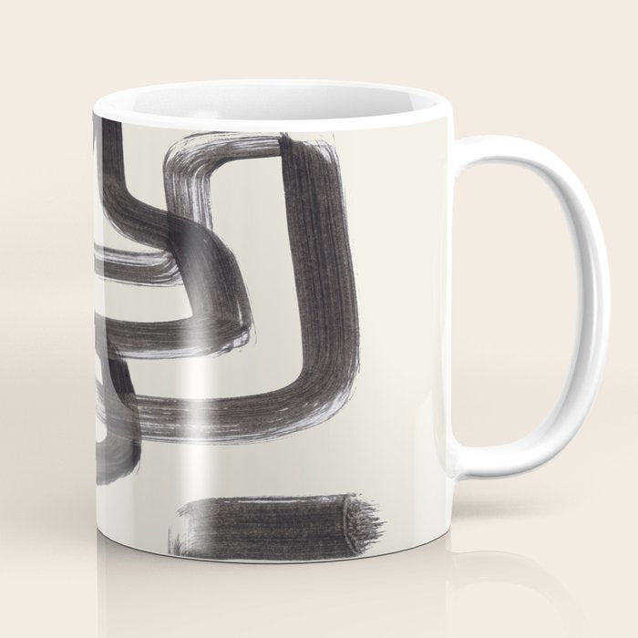 Mid Century Modern Minimalist Abstract Art Brush Strokes Black & White Ink Art Pipe Maze Coffee Mug Gallery Image 1