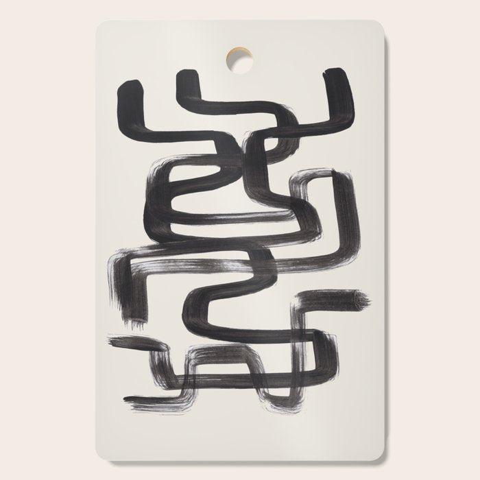 Mid Century Modern Minimalist Abstract Art Brush Strokes Black & White Ink Art Pipe Maze Cutting Board Gallery Image 1
