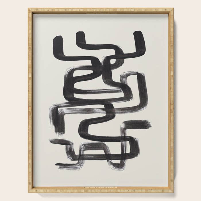 Mid Century Modern Minimalist Abstract Art Brush Strokes Black & White Ink Art Pipe Maze Serving Tray Gallery Image 1