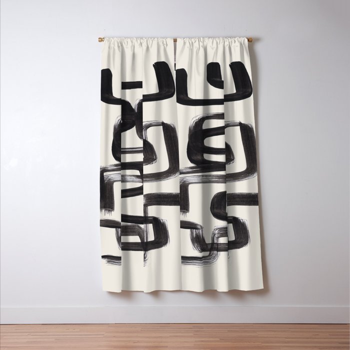 Mid Century Modern Minimalist Abstract Art Brush Strokes Black & White Ink Art Pipe Maze Window Curtain Gallery Image 3