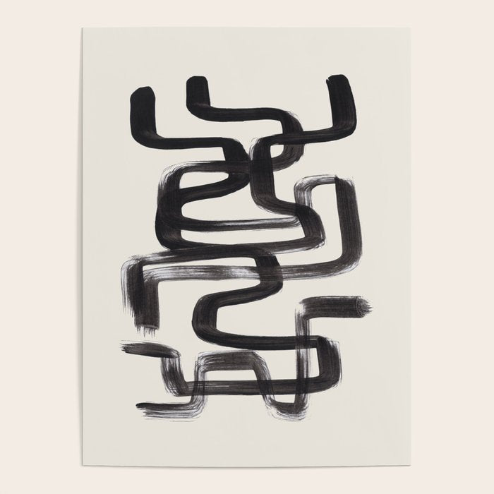 Mid Century Modern Minimalist Abstract Art Brush Strokes Black & White Ink Art Pipe Maze Poster Gallery Image 4