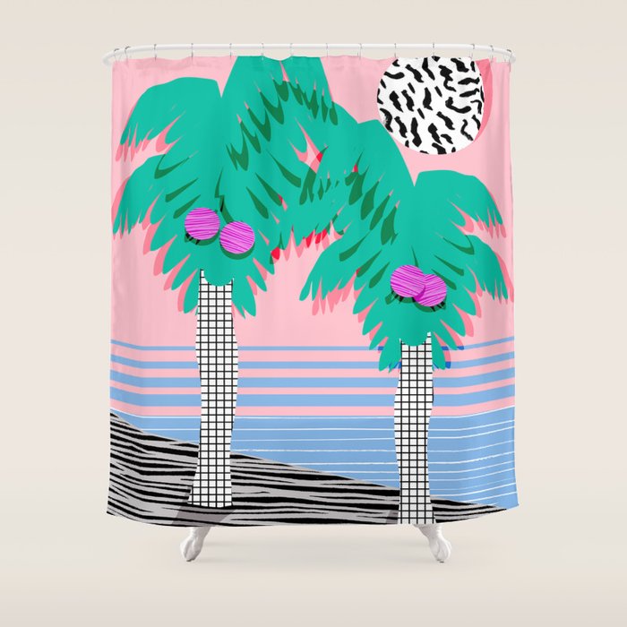 Most Definitely - palm tree throwback memphis style retro art print 80s 1980 neon  palm springs Shower Curtain Gallery Image 1