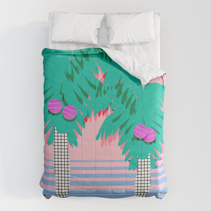 Most Definitely - palm tree throwback memphis style retro art print 80s 1980 neon  palm springs Comforter Gallery Image 1