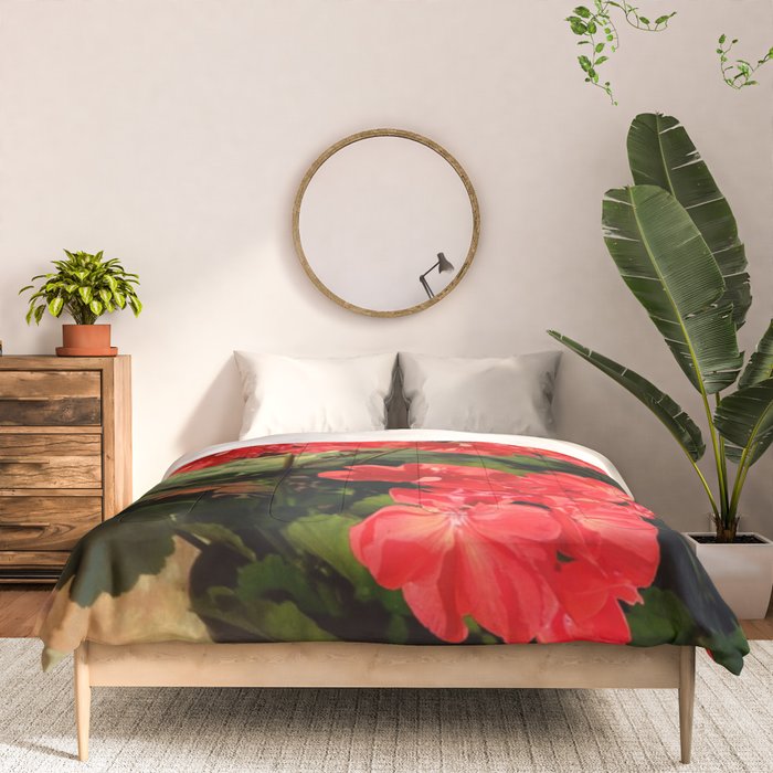 Decorative Red Geraniums  Floral Still Life Art Comforter Gallery Image 3