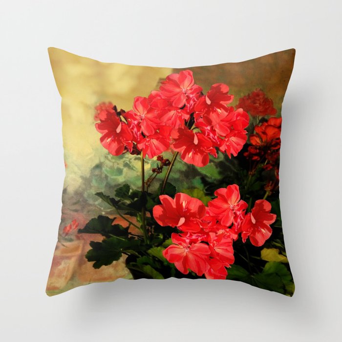 Decorative Red Geraniums  Floral Still Life Art Throw Pillow Gallery Image 1
