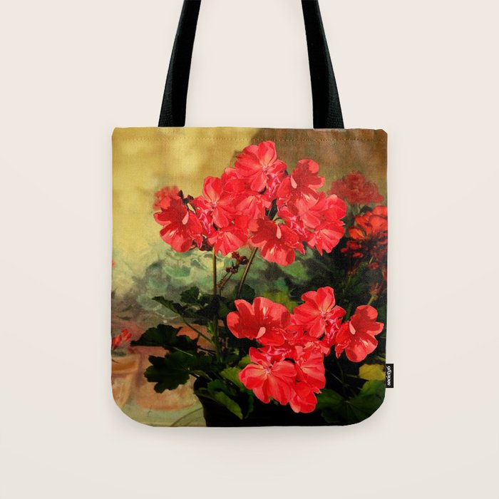 Decorative Red Geraniums  Floral Still Life Art Tote Bag Gallery Image 1
