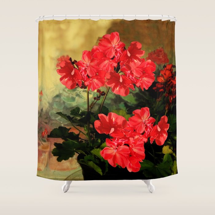Decorative Red Geraniums  Floral Still Life Art Shower Curtain Gallery Image 1