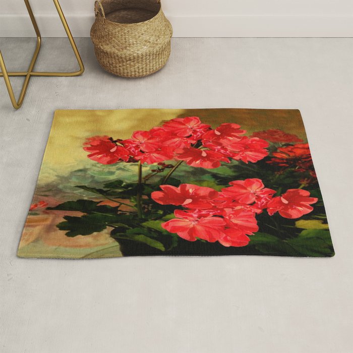 Decorative Red Geraniums  Floral Still Life Art Rug Gallery Image 1