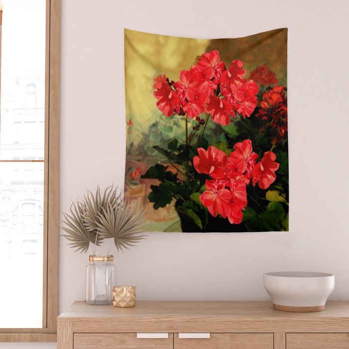 Decorative Red Geraniums  Floral Still Life Art Wall Tapestry Gallery Image 2