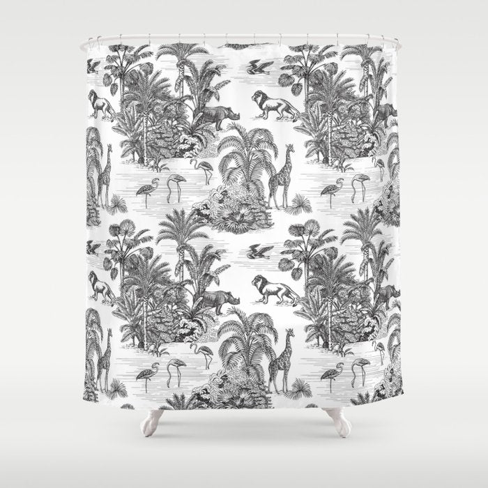 Tropical Toile de Jouy Exotic Safari Lion & Giraffe Shower Curtain Gallery Image 1
