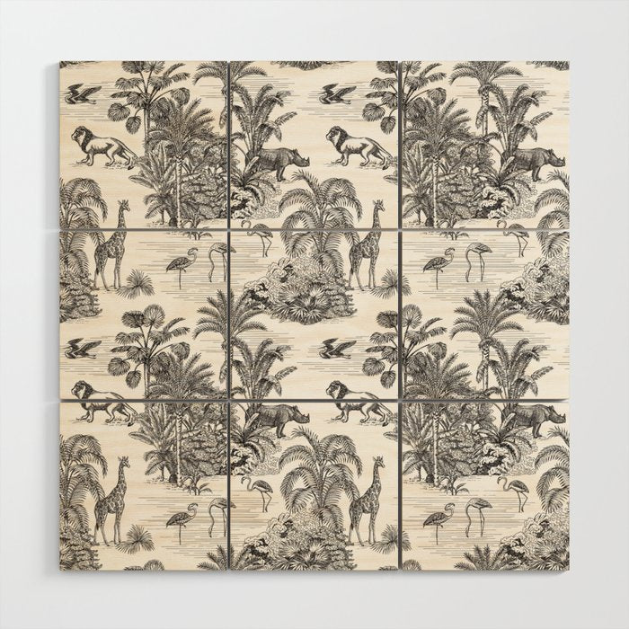 Tropical Toile de Jouy Exotic Safari Lion & Giraffe Wood Wall Art Gallery Image 1