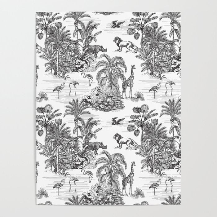 Tropical Toile de Jouy Exotic Safari Lion & Giraffe Poster Gallery Image 4