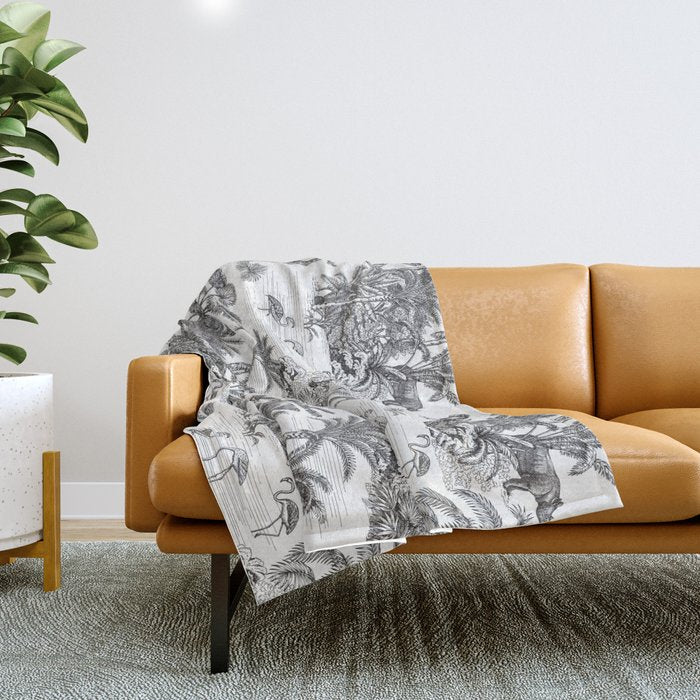 Tropical Toile de Jouy Exotic Safari Lion & Giraffe Throw Blanket Gallery Image 1