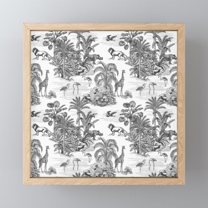 Tropical Toile de Jouy Exotic Safari Lion & Giraffe Mini Art Print Gallery Image 1