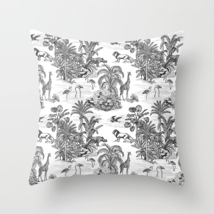 Tropical Toile de Jouy Exotic Safari Lion & Giraffe Throw Pillow Gallery Image 6