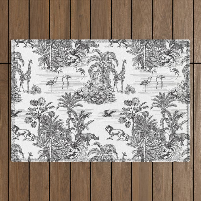Tropical Toile de Jouy Exotic Safari Lion & Giraffe Outdoor Rug Gallery Image 1