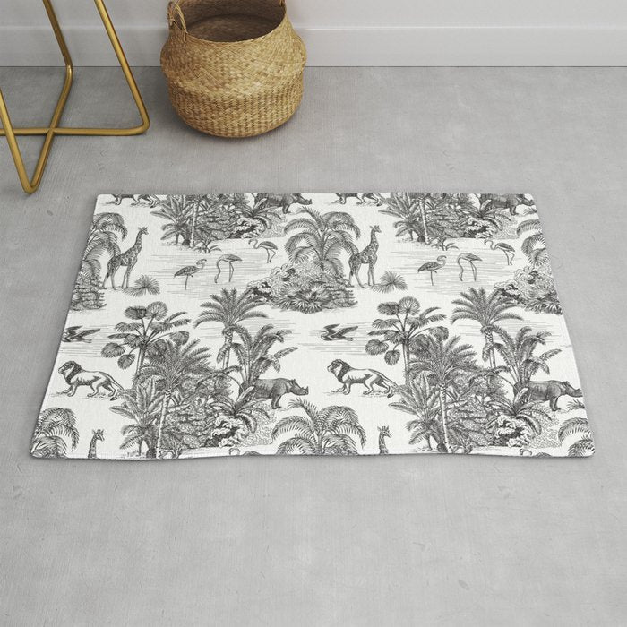 Tropical Toile de Jouy Exotic Safari Lion & Giraffe Rug Gallery Image 1