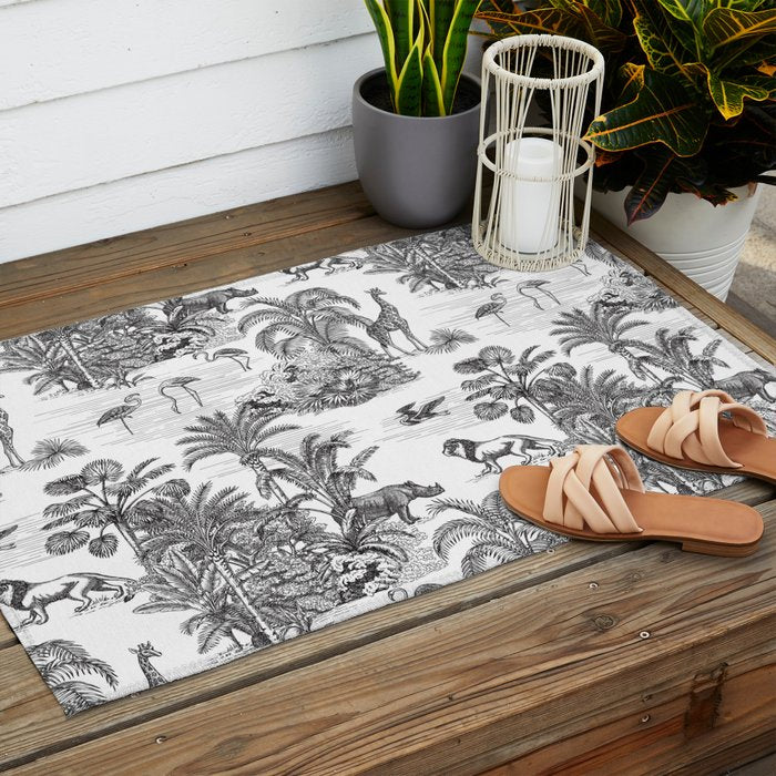 Tropical Toile de Jouy Exotic Safari Lion & Giraffe Outdoor Rug Gallery Image 2