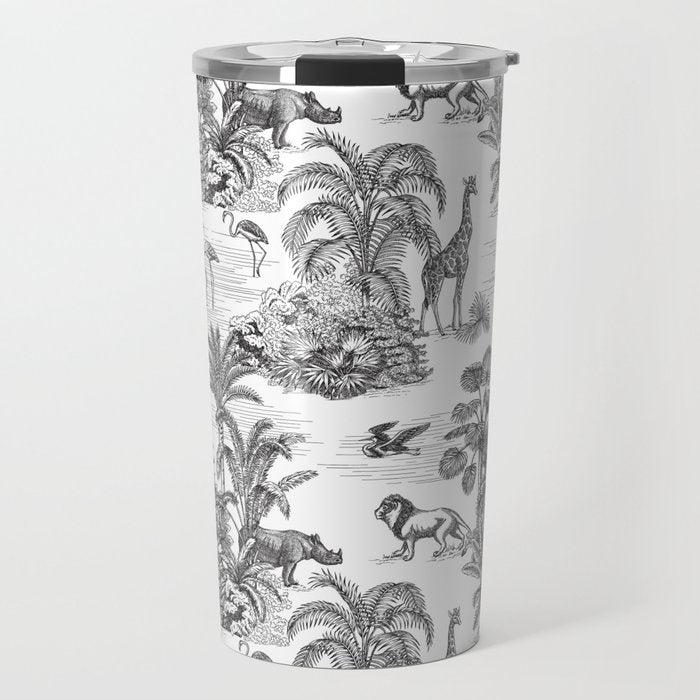 Tropical Toile de Jouy Exotic Safari Lion & Giraffe Travel Mug Gallery Image 1